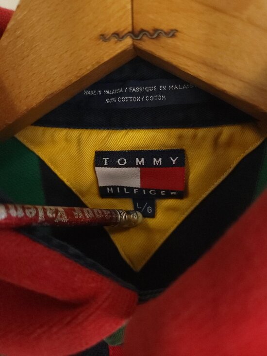 Vtg Tommy Hilfiger Polo Shirt Men's Large Navy Blue Green Yellow Red Distressed - Picture 5 of 13